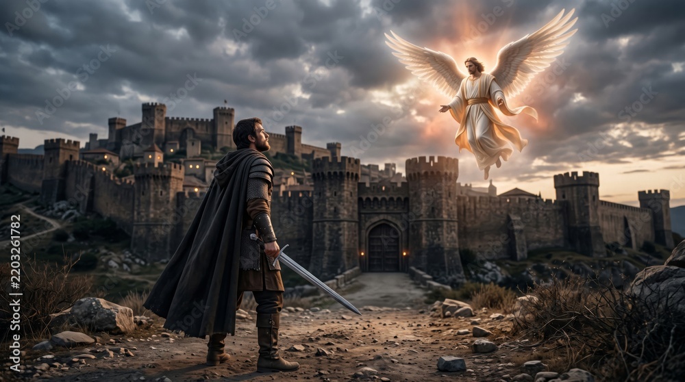 Obraz premium Armored man faces winged figure above a medieval castle. Religious fantasy illustration. Spiritual vision concept.