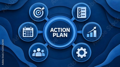 Action plan concept with icons representing goals tasks progress team calendar and operations illustrating business strategy and project management.
