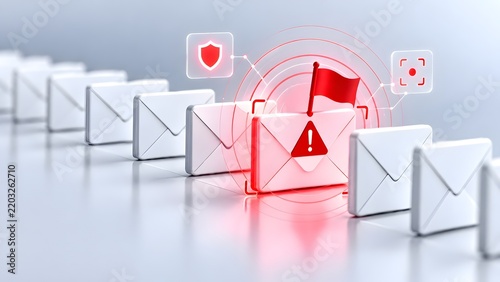 Email security alert red flag and warning symbol on one envelope in a row of white envelopes indicating a threat or spam detection with digital icons.