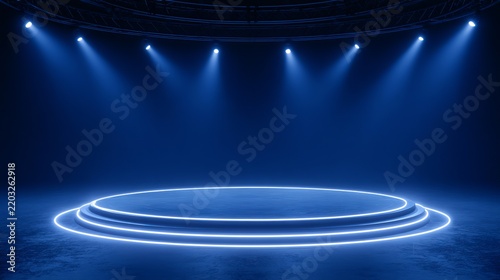 Dramatic blue stage lights illuminate a circular platform, suggesting performance and spotlighting, background for product displays