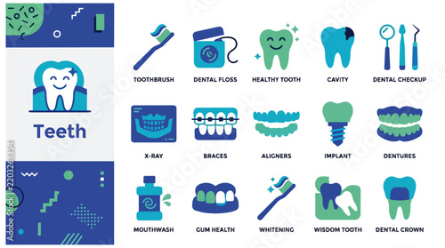 Flat vector dental care icon set featuring oral hygiene and dentistry symbols in blue and green