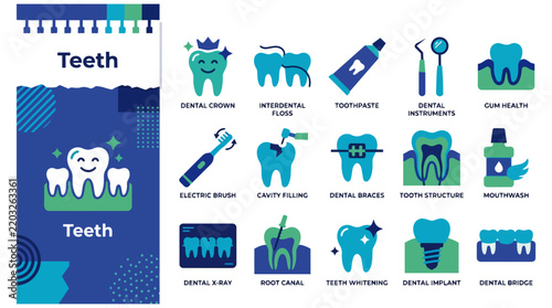 Comprehensive dental care icon set with teeth, medical instruments, braces, and hygiene products.