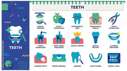 Comprehensive Dental Care Icon Set Featuring Various Tooth Treatments and Oral Hygiene Procedures