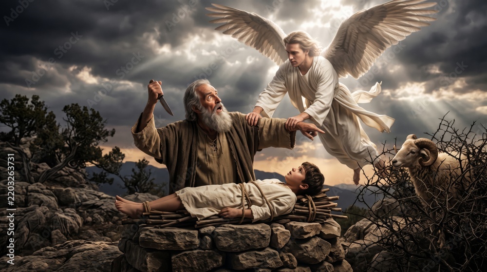 Fototapeta premium Angel intervening as man raises knife over bound youth at stone altar. Biblical story. Christian religious art