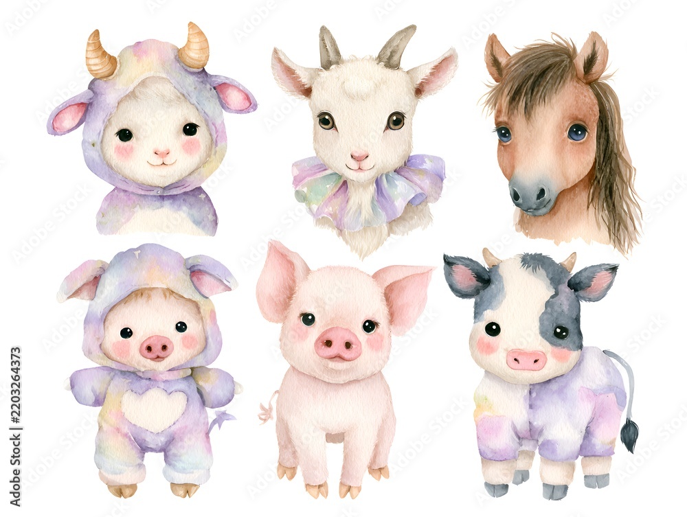 Fototapeta premium Collection of cute watercolor baby farm animals dressed in colorful costumes
