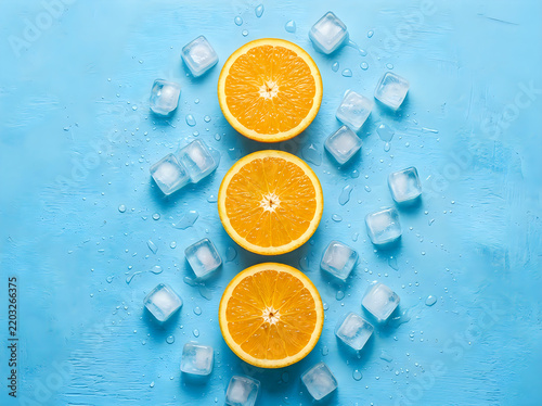 Fresh orange slices with ice cubes
