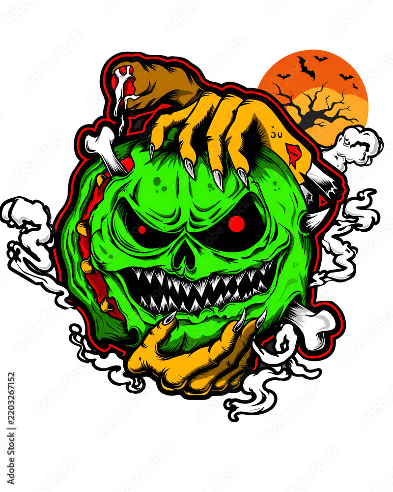 Obraz premium Green Monster Skull with Clawed Hands — Halloween Horror Sticker Illustration