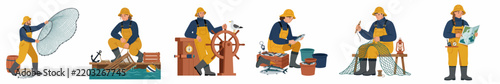 Foto Set of flat vector illustrations featuring a fisherman in traditional yellow gear performing various tasks like steering, mending nets, and catching fish