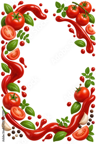 Premium Tomato Ketchup Herbs Advertising Frame on Transparent Background
