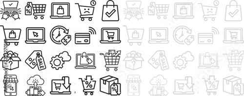 Online shopping icons in silhouette with diverse commerce symbols during digital transactions for e-commerce concepts
