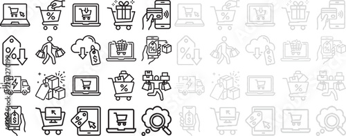 Online shopping icons with carts and delivery trucks during a white background concept for e-commerce vector silhouette