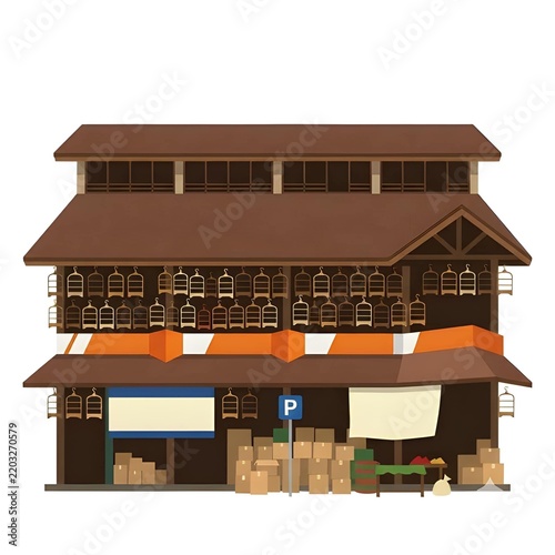 Traditional wooden store exterior pixel art illustration
