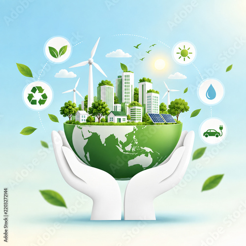 AI generated hands holding green Earth sustainable city wind turbines solar panels recycling water electric transport symbolizing renewable energy environmental protection