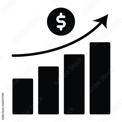 Financial growth and increasing investment returns represented by a bold upward arrow and rising bar chart, solid glyph finance icon for business and wealth concepts