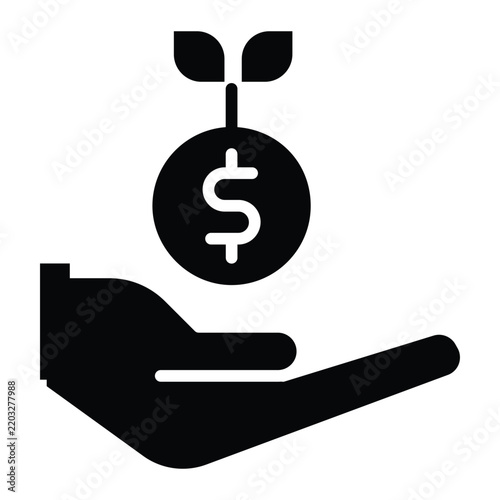 Investment support concept showing a hand holding a money bag with a sprouting plant, bold solid glyph symbolizing financial assistance, capital growth and wealth development