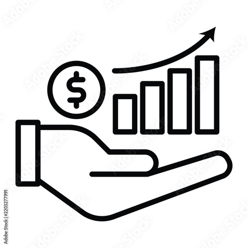 Investment growth represented by an upward arrow, rising bar chart and money symbol, clean outline icon for increasing returns, financial progress and wealth building