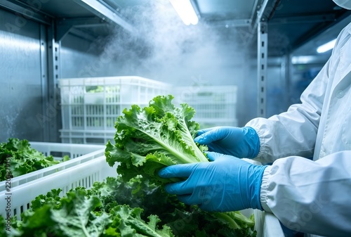 Fresh vegetables are checked by gloved hands inside a refrigerated warehouse to maintain quality and food safety.