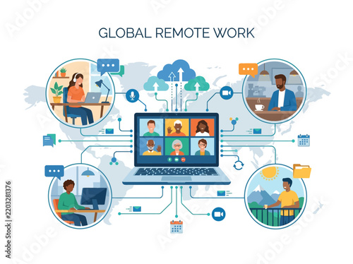 Global Remote Work Cloud Network Video Meeting Vector