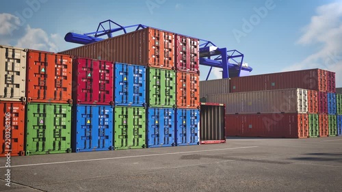 Wide view of stacked shipping containers at harbor yard logistics. Container terminal yard. 3d animation.