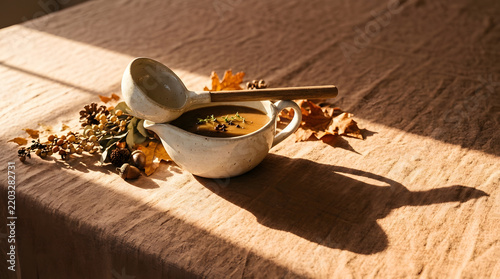 Ceramic Ladle Casting a Shadow Over a Bowl of Soup, Autumn Leaves and Herbs on a Rustic Table, Culinary Concept, Food Photography.