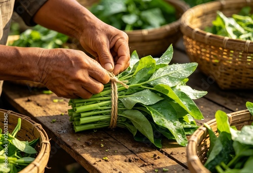 Indonesian farmer bundling fresh leafy vegetables with natural fiber string on a rustic farm workbench.