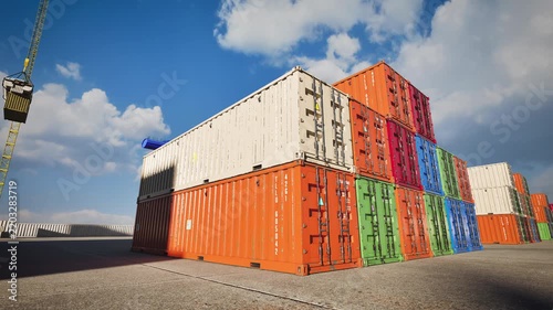wide eye level view of colorful intermodal shipping logistics containers. Cargo storage yard concept. 3d animation.