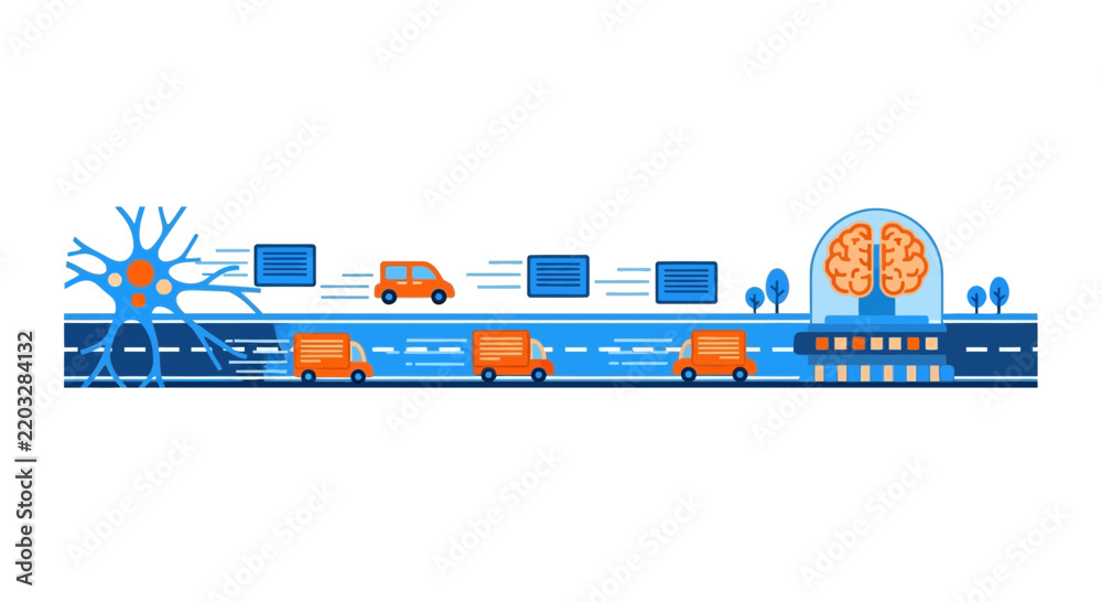Obraz premium Neural network data flow illustration with neuron and brain digital highway