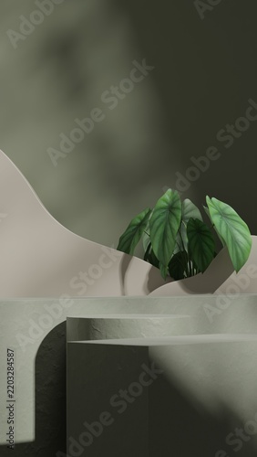 3d render image empty mockup green color block and cylinder in portrait wavy wall