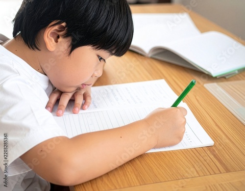 Tapety artystyczne 机に向かいノートに鉛筆で書きながら集中して勉強する小学生の男の子、家庭学習に取り組む子どもの真剣な学習風景