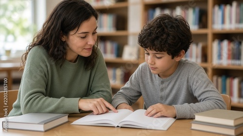 Reading buddy tutoring child at library table