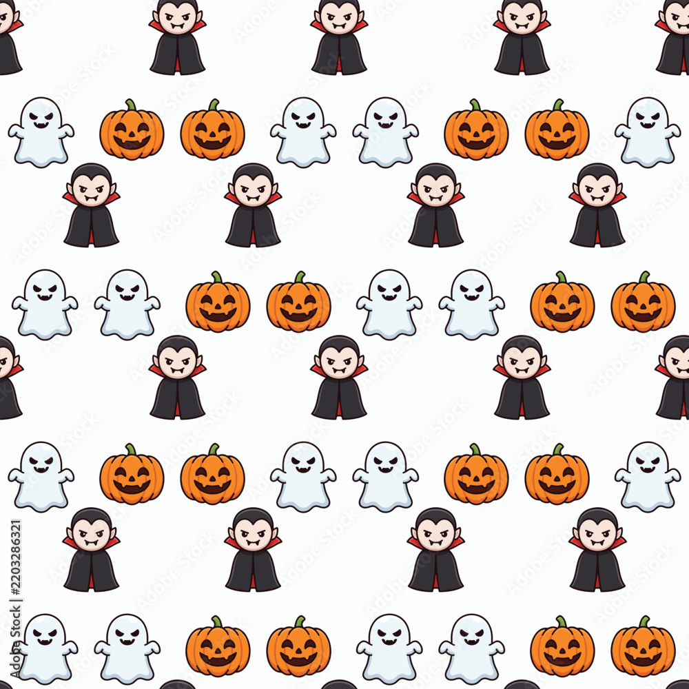 Obraz premium Flipped brick arrangement seamless texture with Halloween pumpkin, ghost, and vampire characters