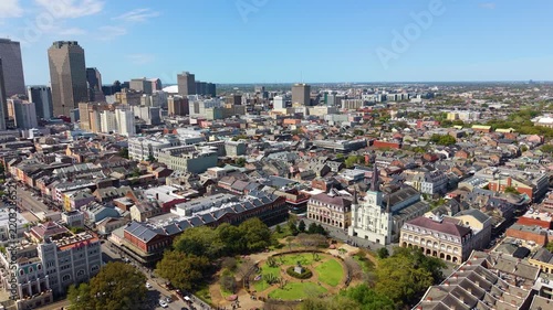New Orleans city center with Jackson Square in French Quarter, office towers and hotels in downtown. Surrounding neighborhoods define character of this world famous destination.
