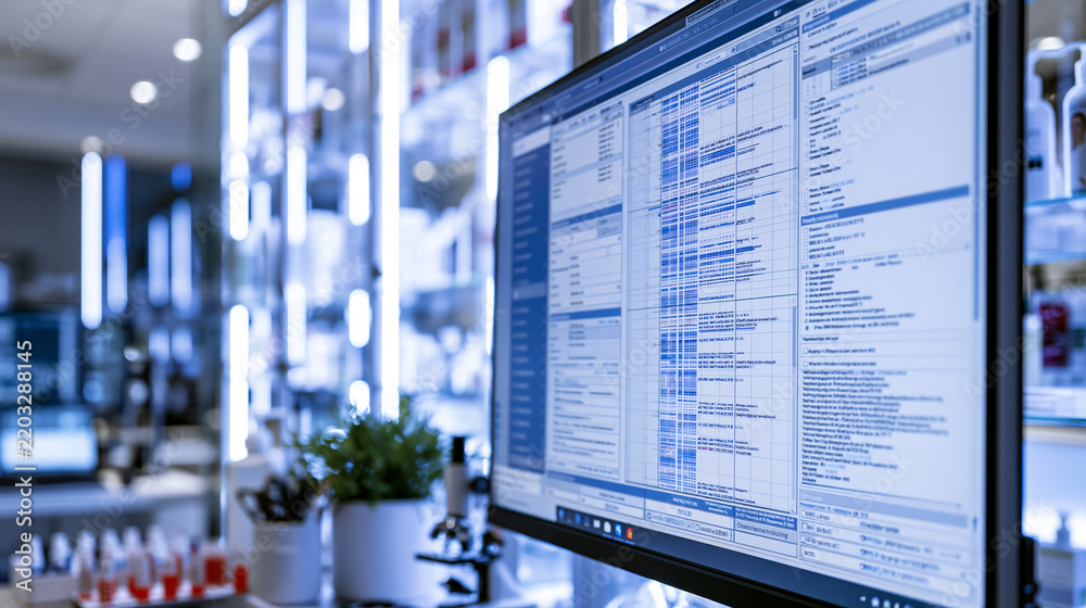 Obraz premium Pharmacogenomics analysis displayed on pharmacy computer screen