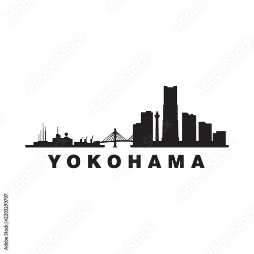 Yokohama city skyline silhouette against a white background