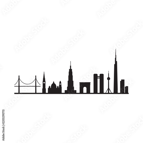 World landmarks silhouette against a white background depicts iconic city skylines