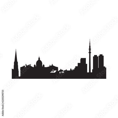 City skyline silhouette against a white background depicts urban architecture