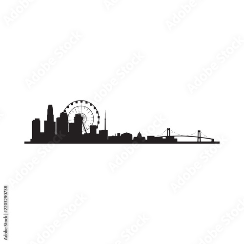 City skyline silhouette against a white background features a ferris wheel and bridge