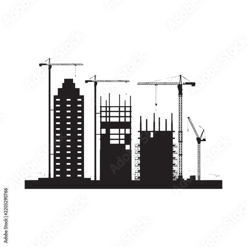 Construction site silhouette depicts buildings and cranes against a white background