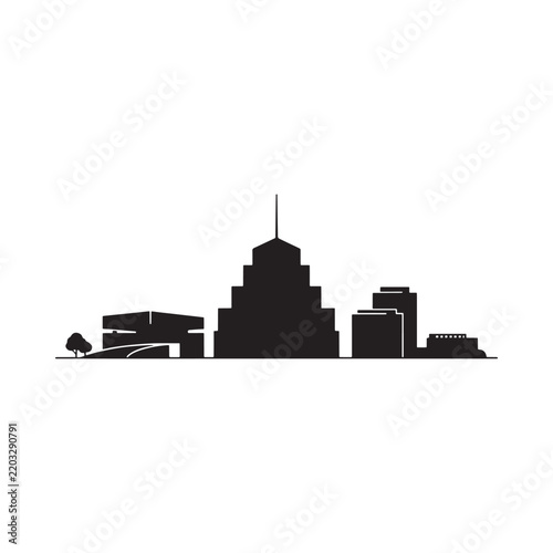 City skyline silhouette against a white background depicts modern architecture