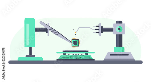 Automated Microchip Assembly and Semiconductor Production Flat Vector Illustration