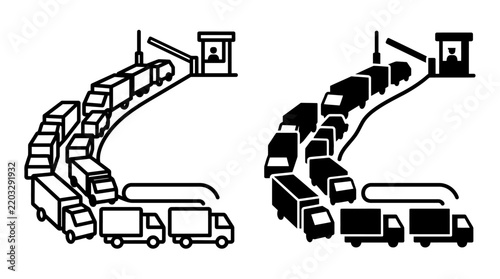 Black and white vector icons of trucks waiting in a long queue at a border checkpoint or toll booth.