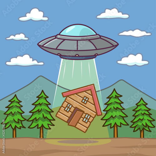 UFO and house cartoon illustration