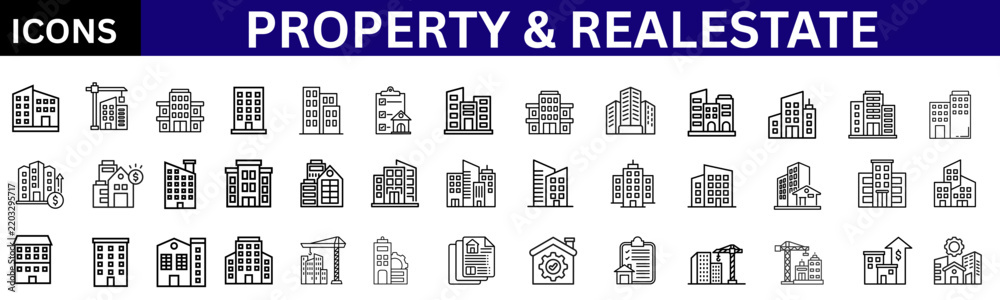 Fototapeta premium property and realestate line icon set. Contain icons related to Real estate, property, development and housing. Editable stroke. Vector illustration