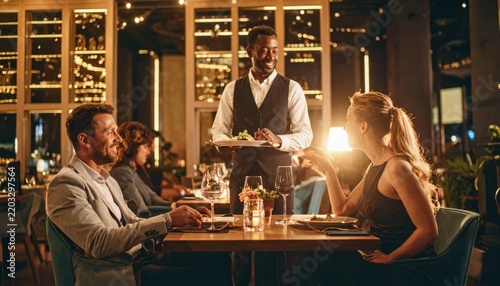 A Friendly Waiter Serving Gourmet Food to a Happy Couple in an Upscale Restaurant
