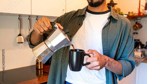 Man Pouring Fresh Coffee from Moka Pot into a Black Mug in Kitchen