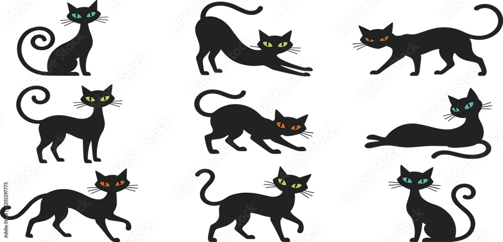 Fototapeta premium Spooky Halloween Black Cat Vector Illustration Clipart Set with Various Poses Including Stretching, Walking, and Sitting for Autumn Holiday Season Graphic Designs