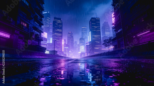 A wet city street reflects vibrant neon lights on a rainy, misty night in a futuristic urban landscape.
