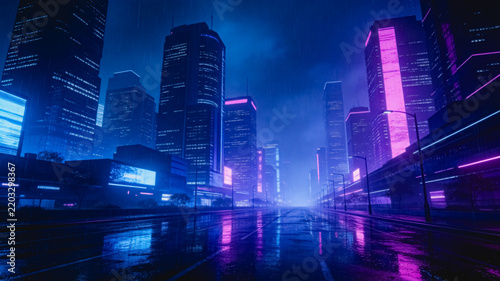 A misty futuristic city street at night, with neon lights reflecting on wet pavement, surrounded by tall skyscrapers.