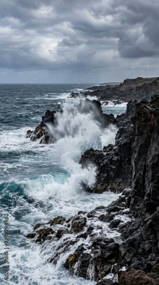 Fototapeta premium Powerful ocean waves crashing against rugged dark volcanic rocks on a stormy coast.