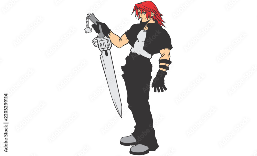 Fototapeta premium Cartoon character holds a futuristic sword while standing in a dynamic fighting stance.